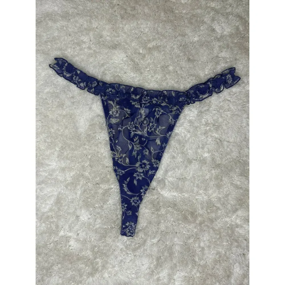 Victoria’s Secret Blue Floral Chiffon Ruffle Thong M Vintage 1998